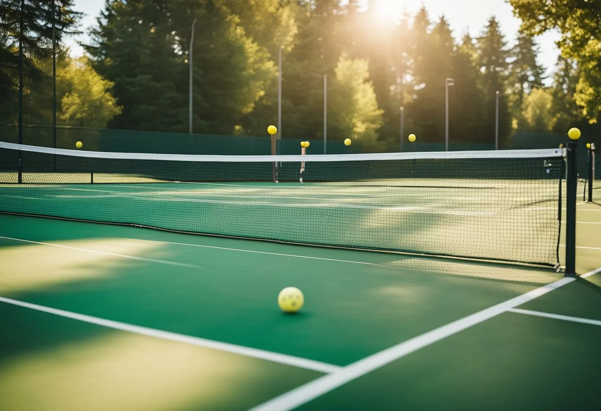 A row of pickleball courts surrounded by green trees and bright sunlight