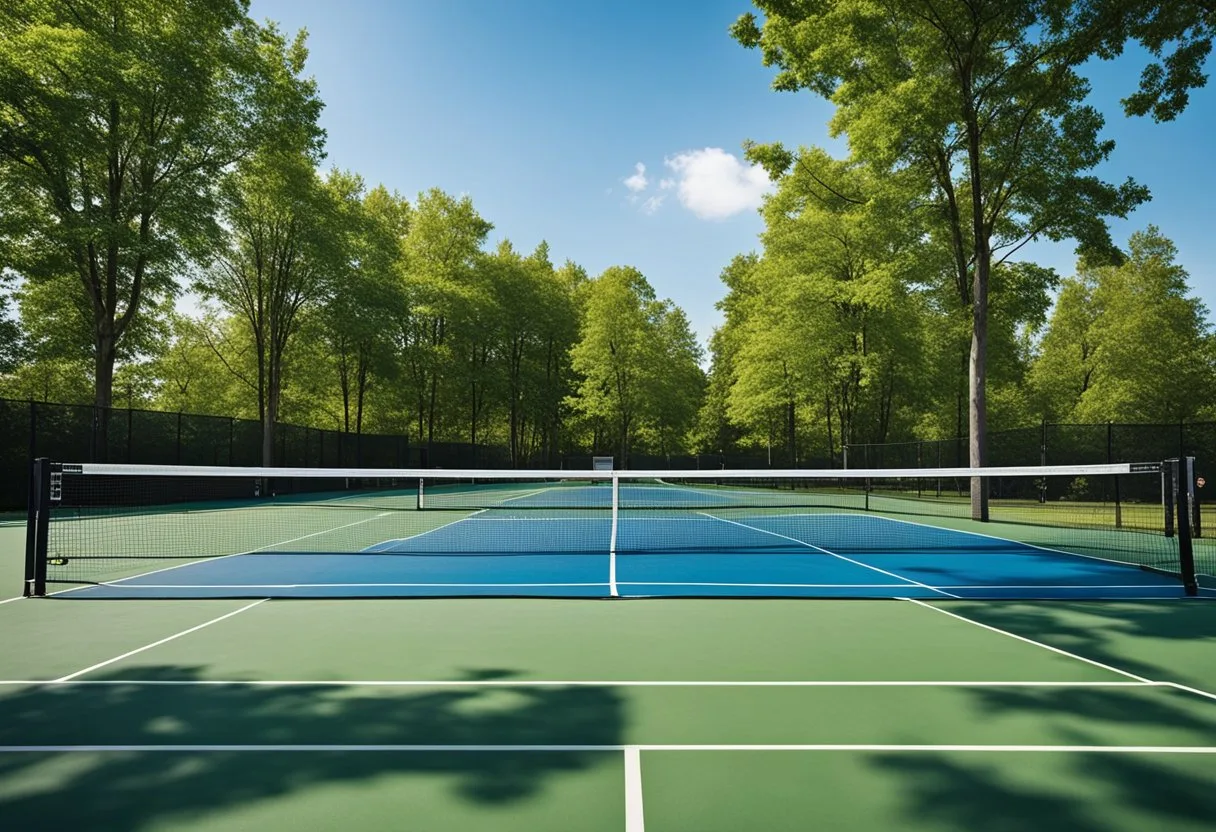 A row of empty pickleball courts surrounded by green trees and a clear blue sky