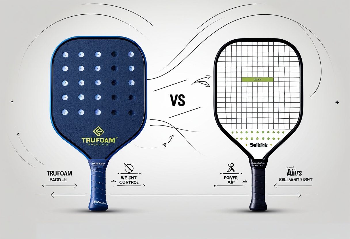 Two pickleball paddles side by side showing different designs and features for comparison.